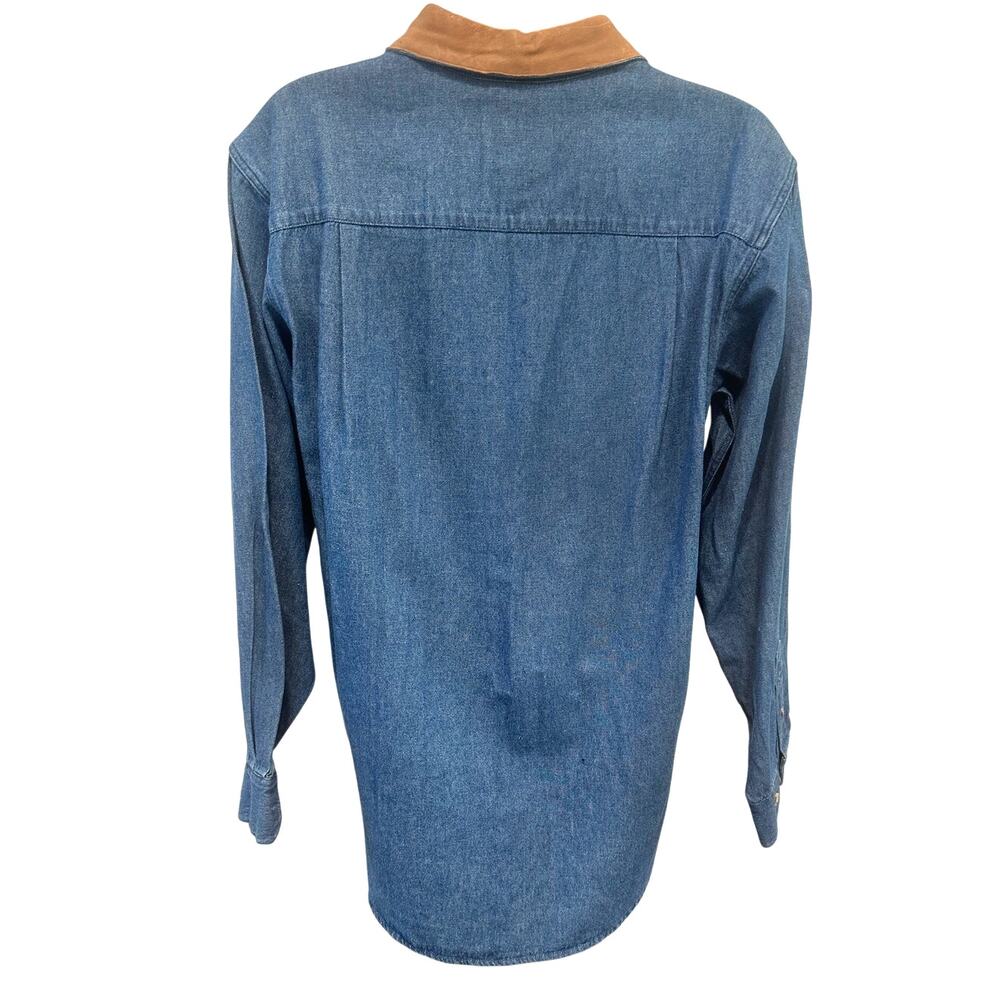 Cambridge Dry Goods Country Store Women’s Denim Embroidered Leather Collar Shirt - Picture 7 of 13